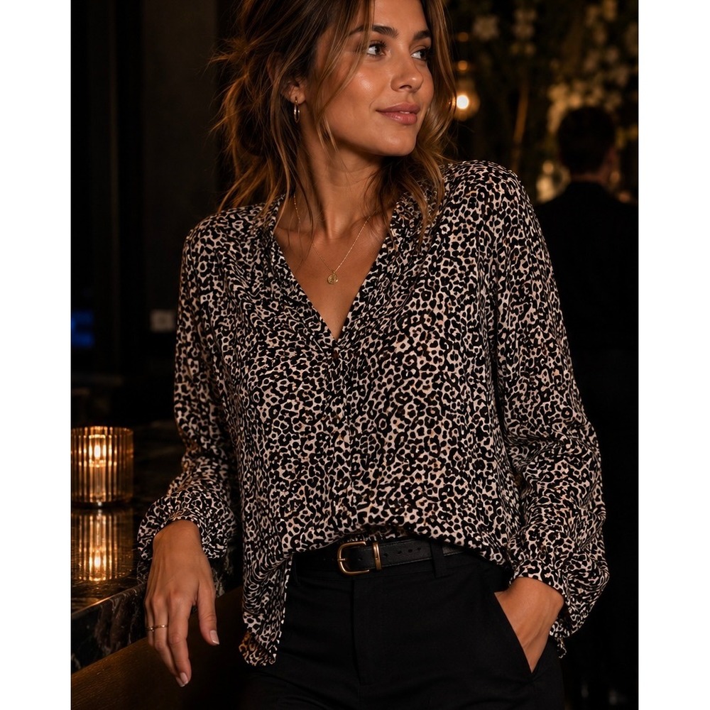 LOFT Animal Print Long Sleeve Blouse Womens Size‎ Small Black Tan Casual Top